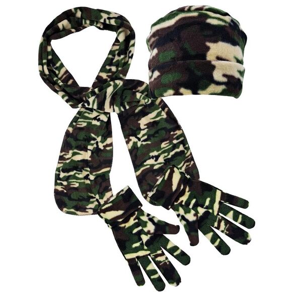 Green Camo Print Polar Fleece Scarf Glove & Hat Matching Set - Picture 6 of 9